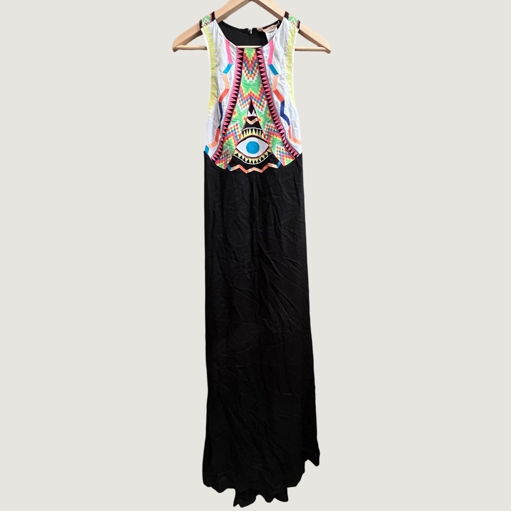 Mara Hoffman Maxi Dress Women Sm Black Multi Embroidered Vibrant Motif Racerback